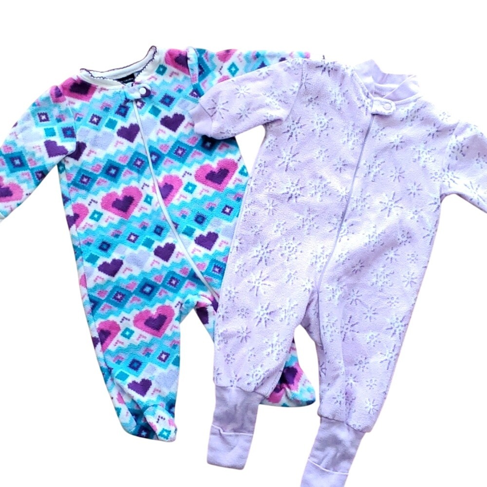Faded Glory and Snugabye 2 Pack Girls Footie Sleep and Plays 3-6M